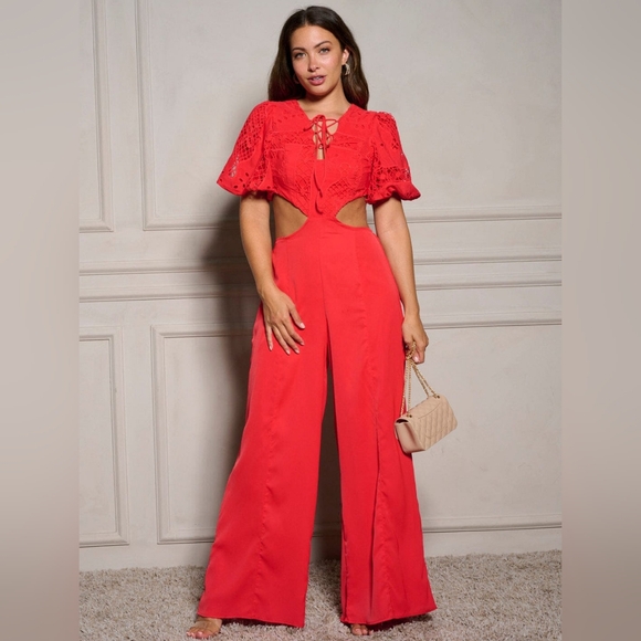 Chicways Pants - Chicways Cut- Out Eyelet Jumpsuit Red Lined VARIOUS SIZES